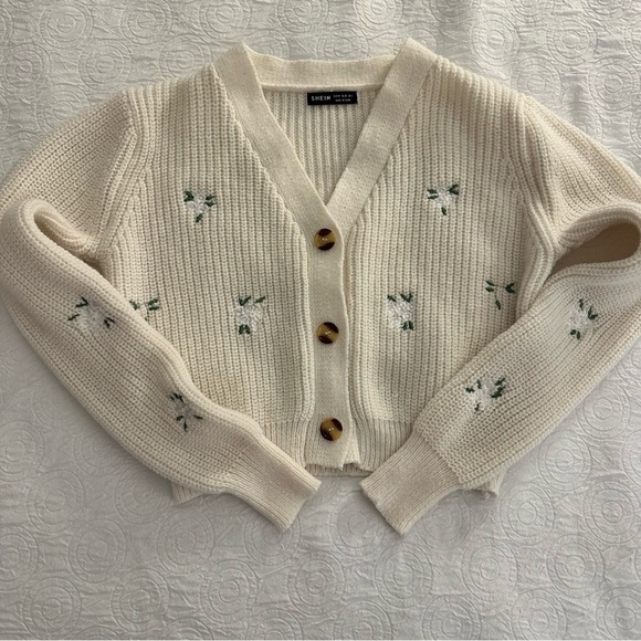 SHEIN Sweaters - SHEIN Cream Cardigan with Green Embroidery